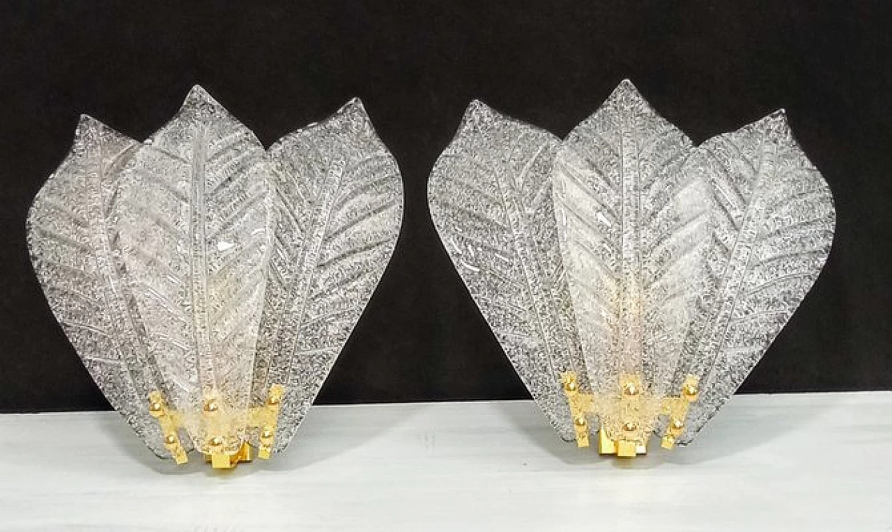 Pair of wall lights with Murano glass leaves, 1980s 2