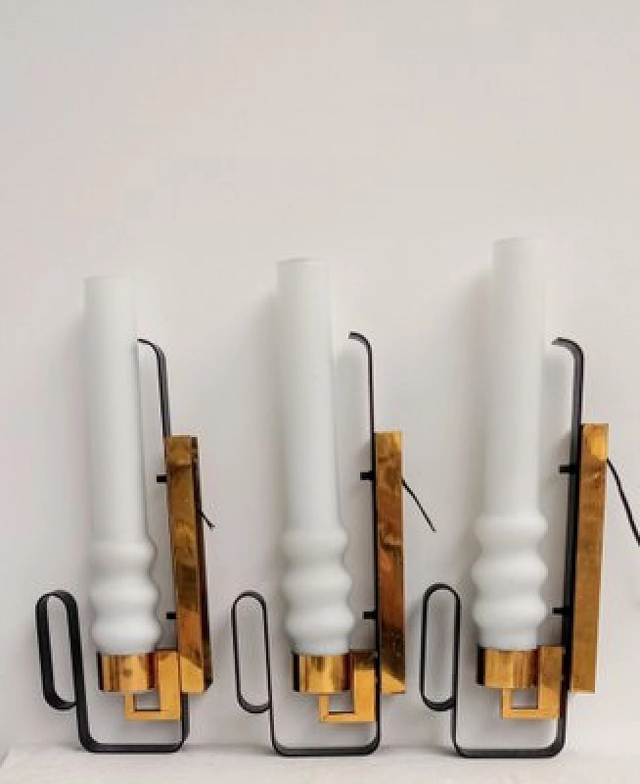 3 Wall lights in opaline glass, black metal and brass, 1960s 3
