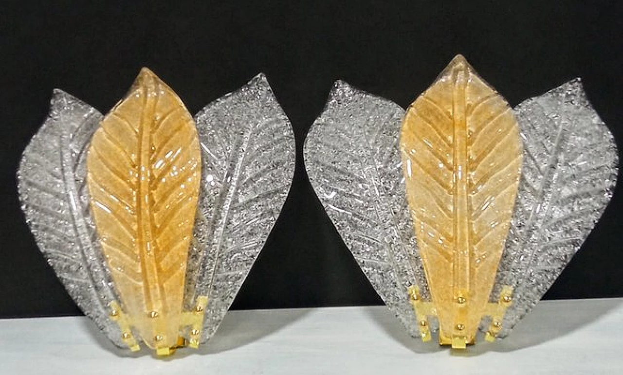 Coppia di applique con foglie in vetro di Murano, anni '80 9
