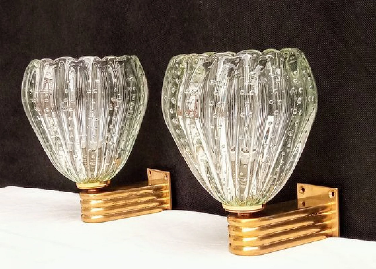Pair of glass and brass wall lights by Barovier & Toso, 1970s 2
