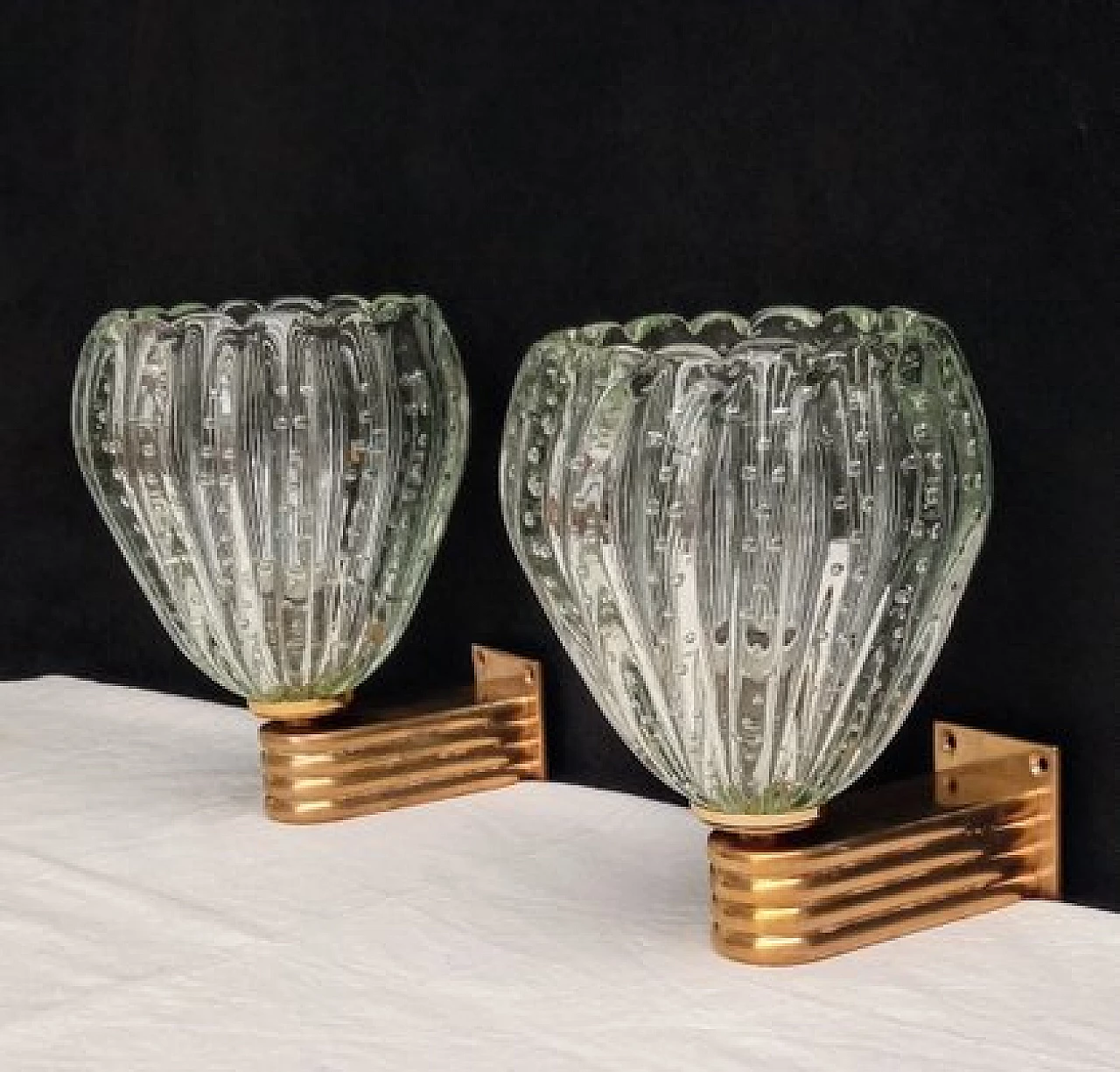 Pair of glass and brass wall lights by Barovier & Toso, 1970s 3