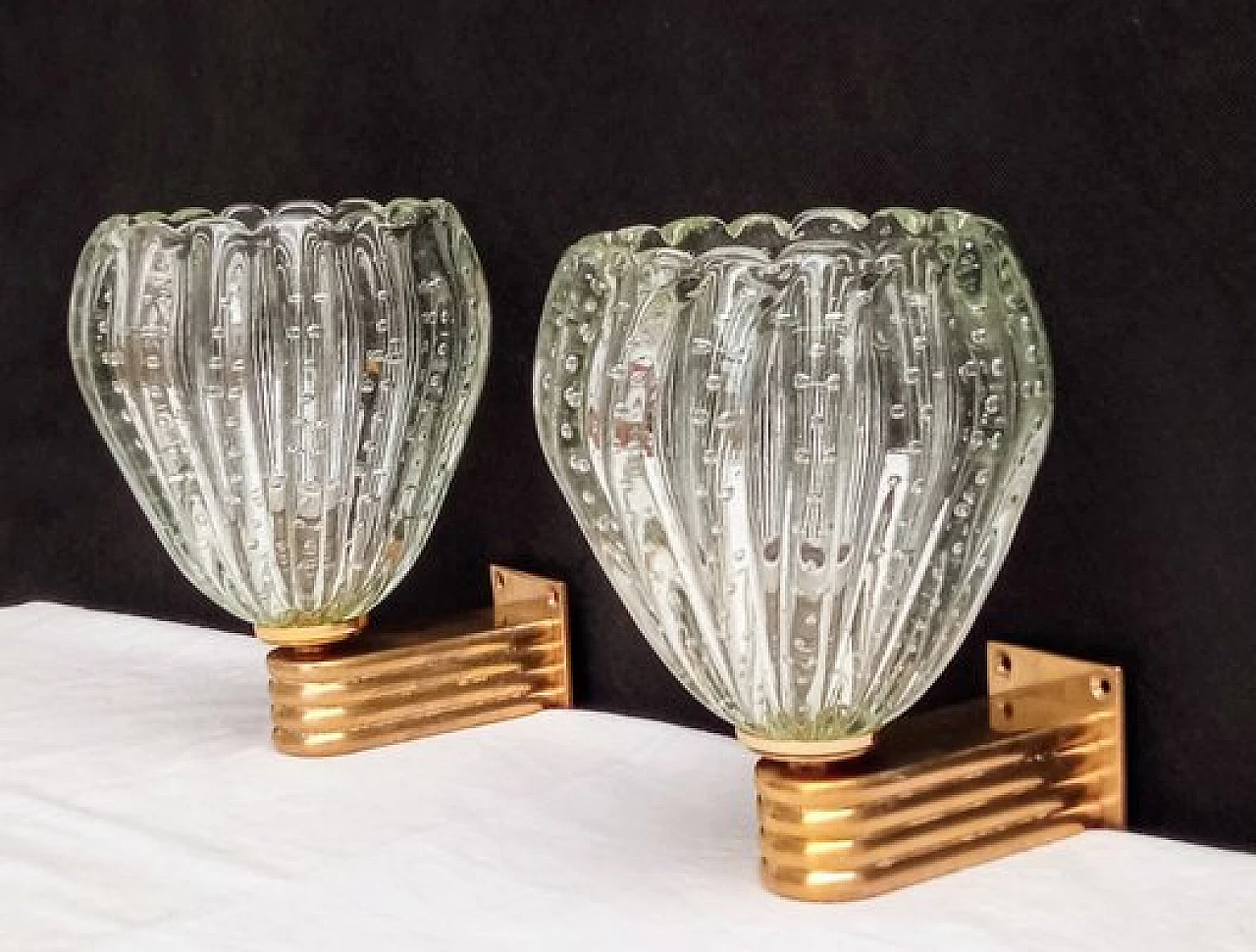 Pair of glass and brass wall lights by Barovier & Toso, 1970s 5