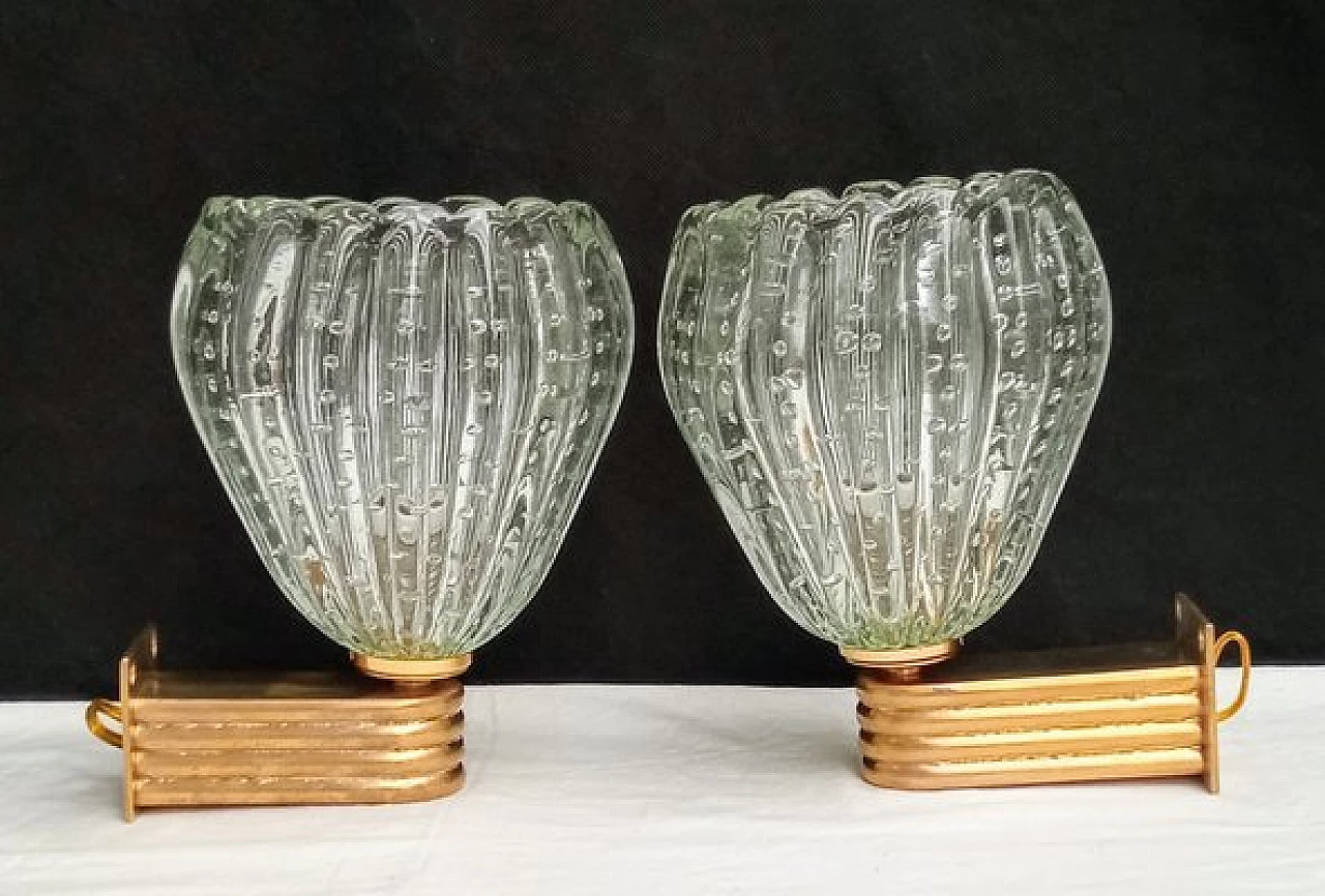 Pair of glass and brass wall lights by Barovier & Toso, 1970s 7