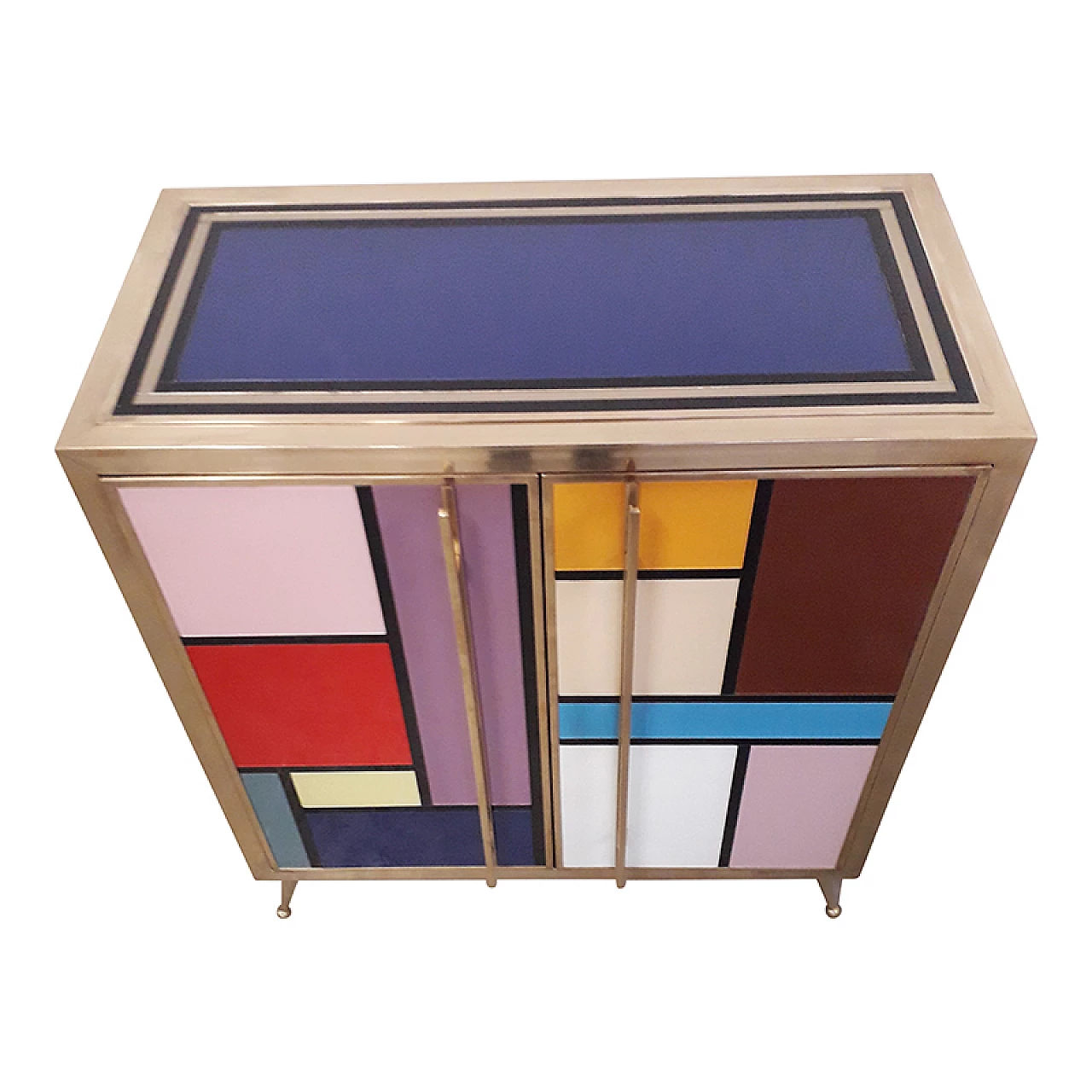 Mobile bar in vetro e ottone a due ante, anni '80 3