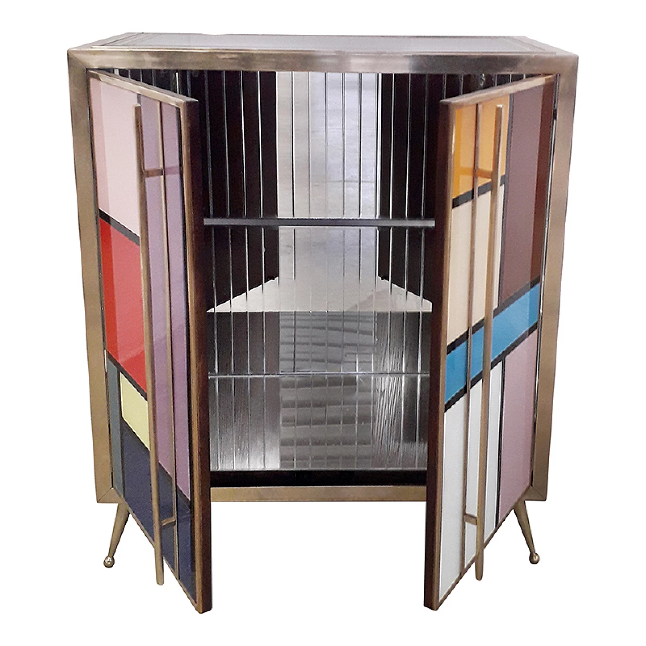 Mobile bar in vetro e ottone a due ante, anni '80 7