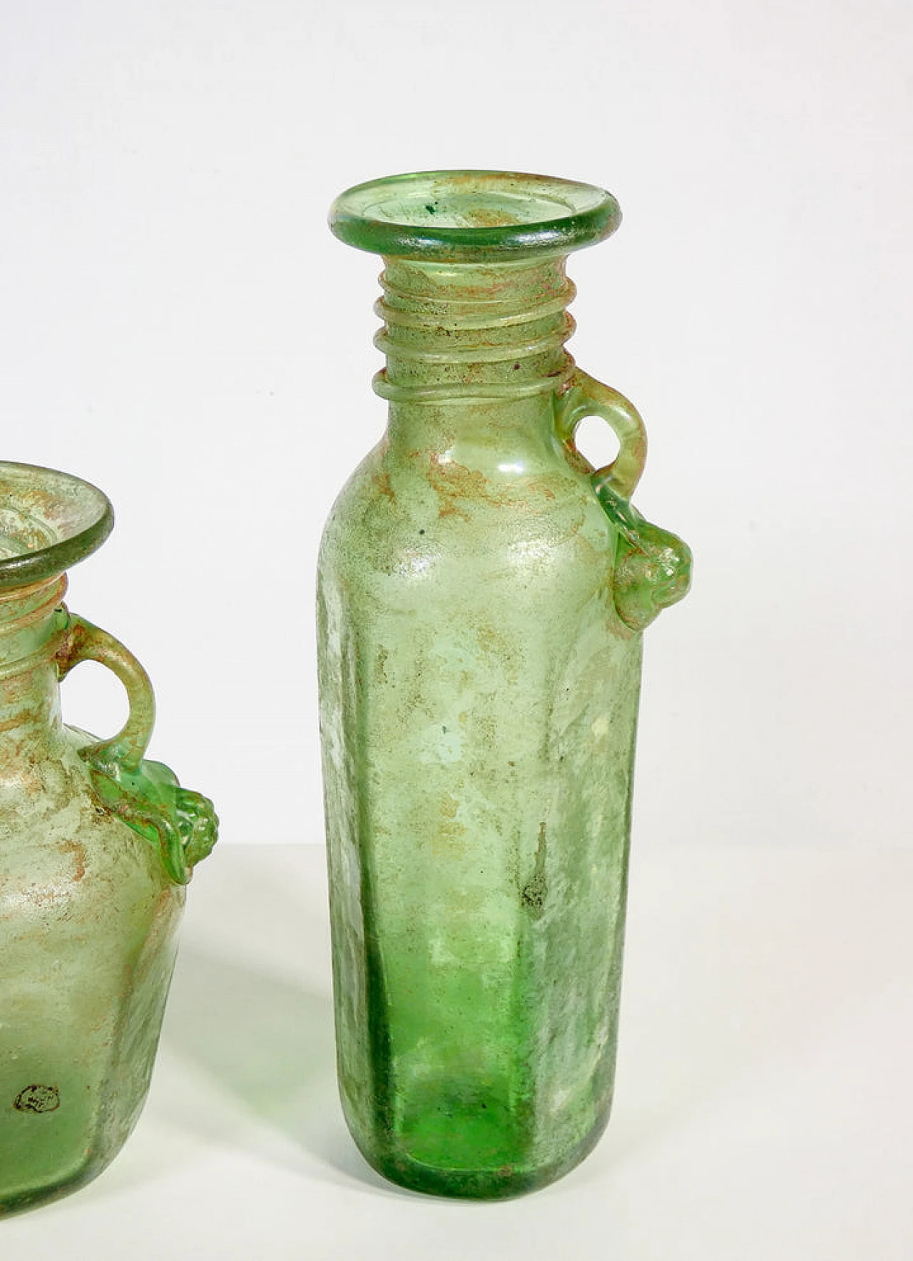 Pair of green scavo blown glass vases 2
