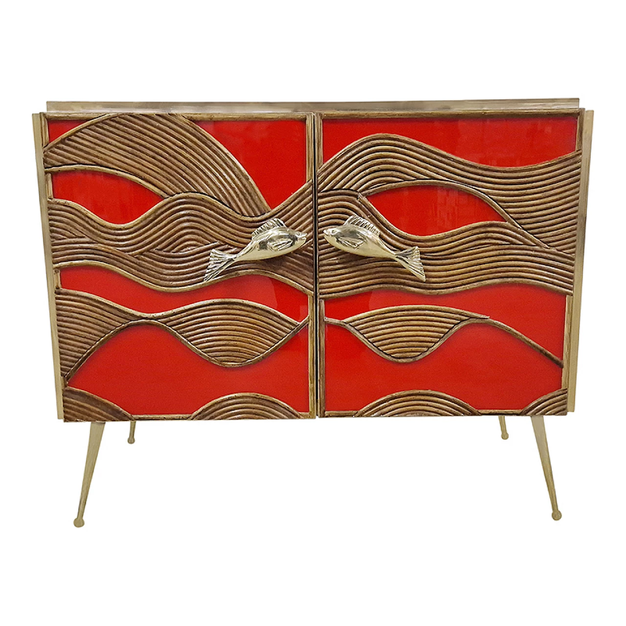 Glass and bamboo sideboard with fish-shaped handles, 1990s 1