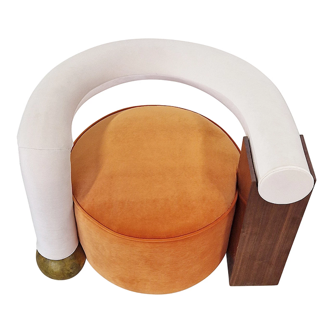 Asymmetrical velvet and wood armchair, 1980s 2