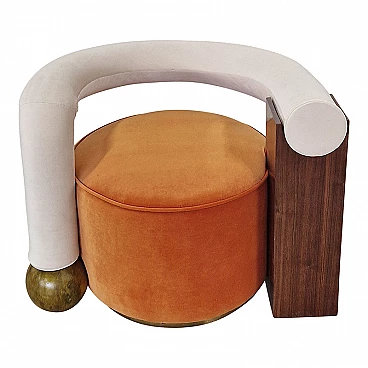 Asymmetrical velvet and wood armchair, 1980s