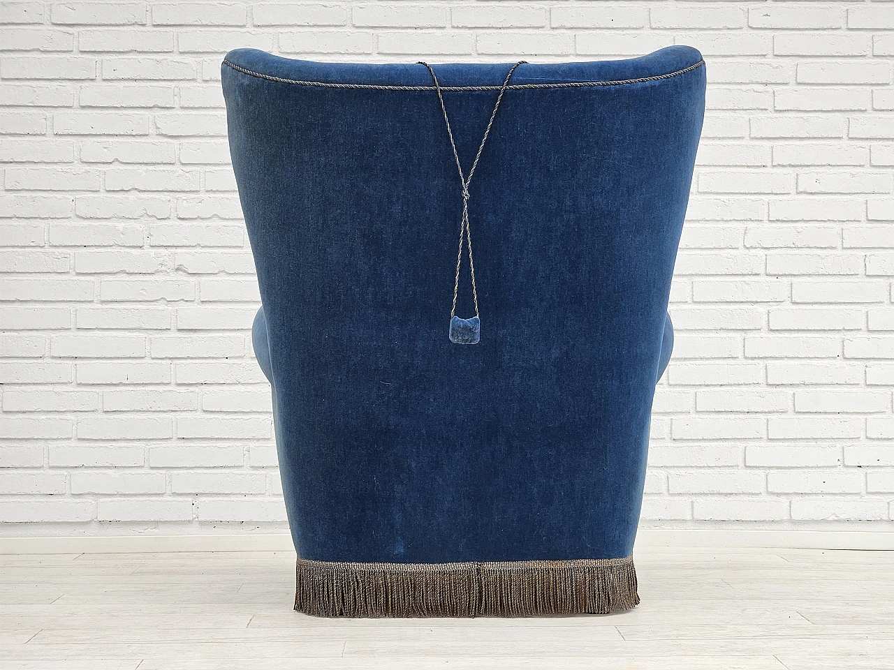 Danish blue velvet armchair with beechwood legs, 1960s 3