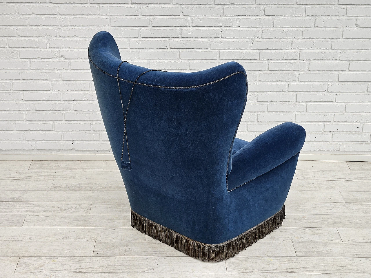 Danish blue velvet armchair with beechwood legs, 1960s 5