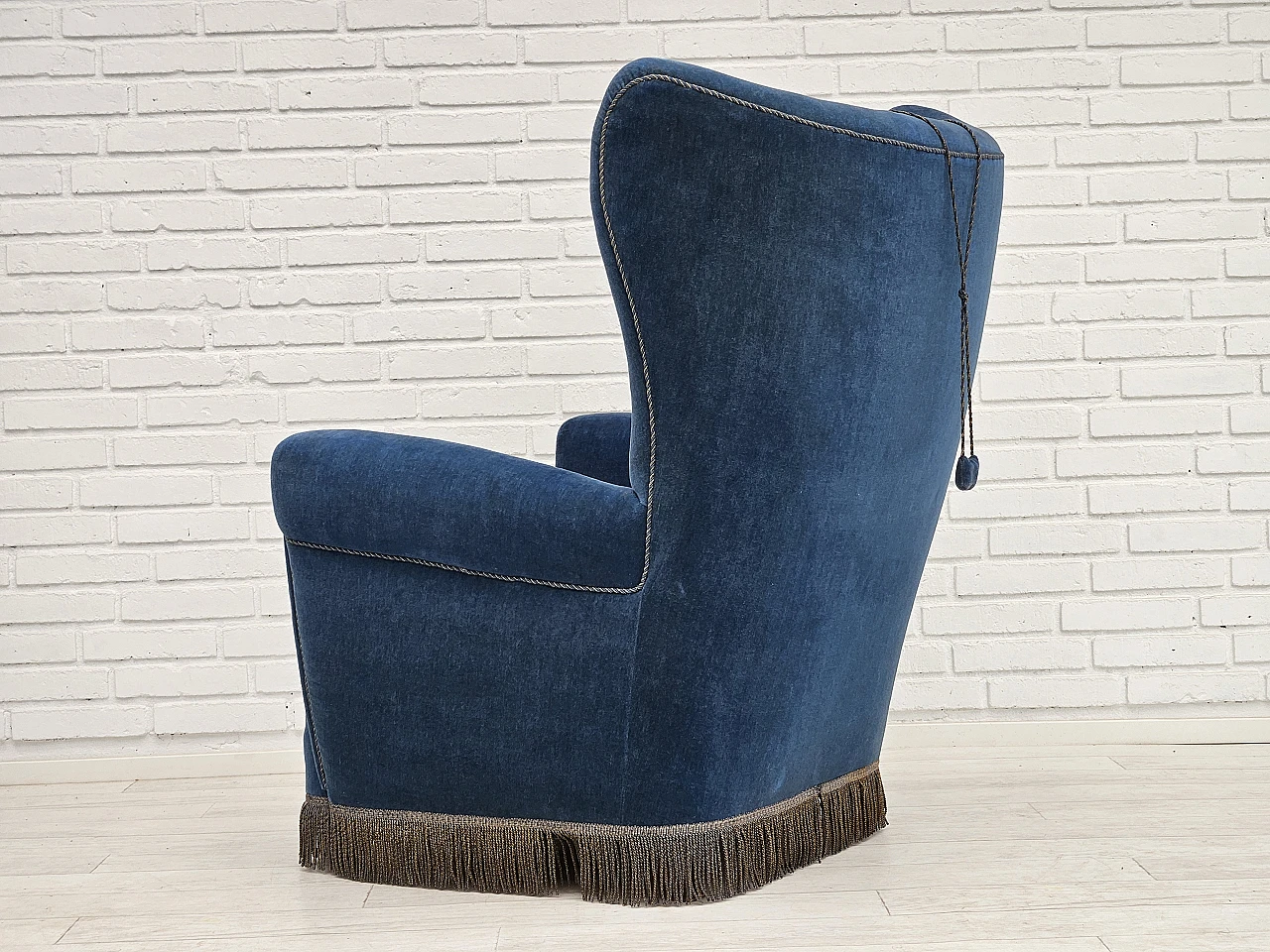 Danish blue velvet armchair with beechwood legs, 1960s 6