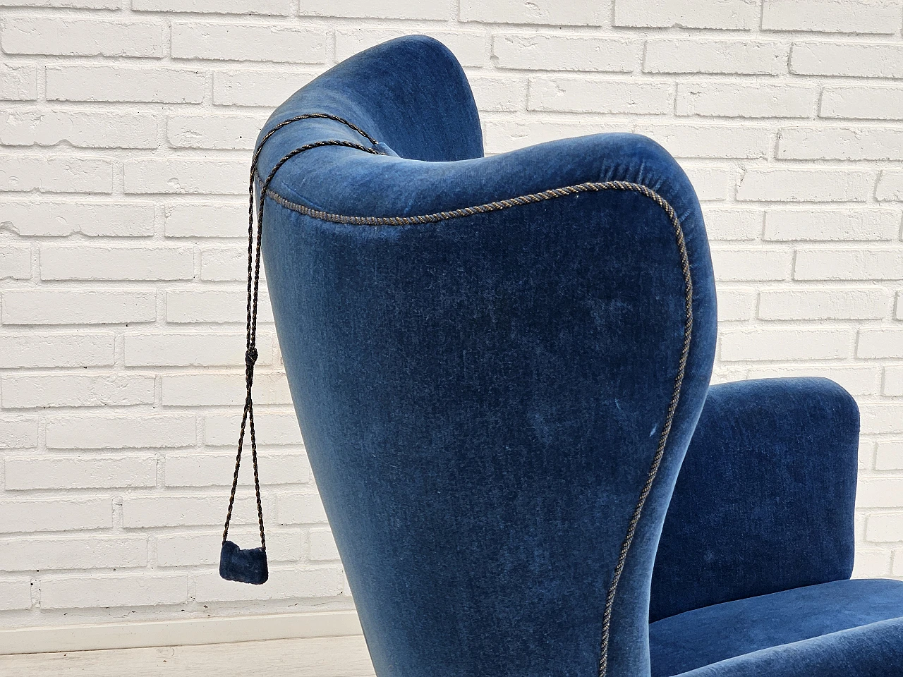 Danish blue velvet armchair with beechwood legs, 1960s 8