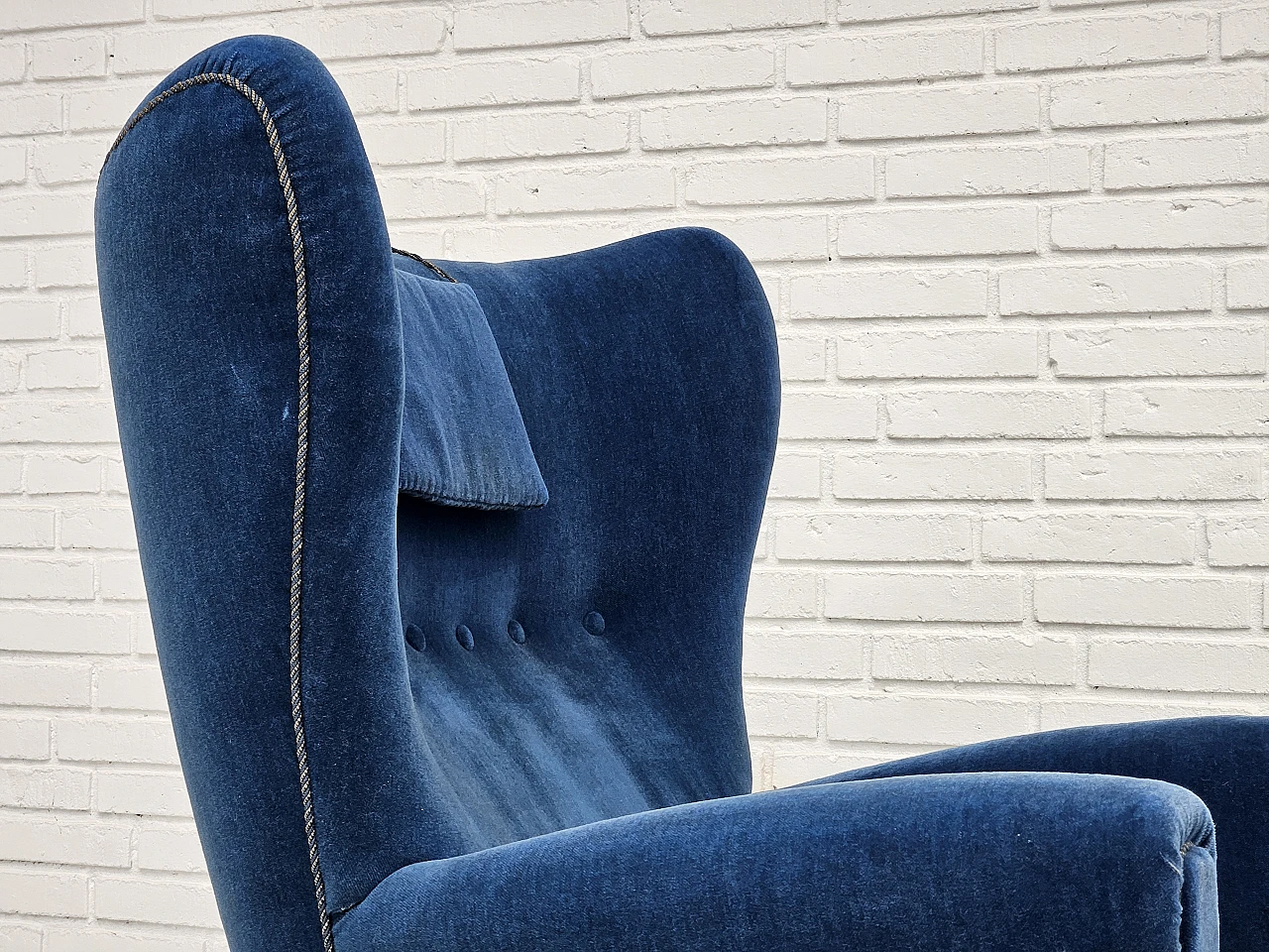 Danish blue velvet armchair with beechwood legs, 1960s 9