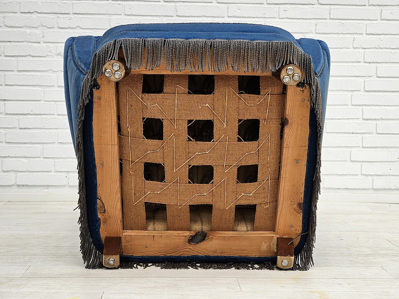 Danish blue velvet armchair with beechwood legs, 1960s 15