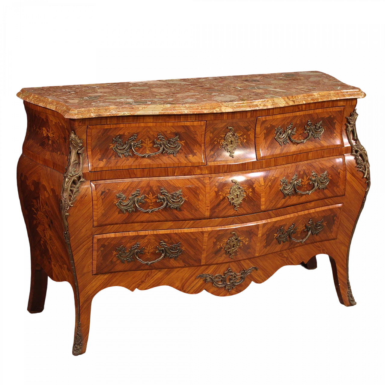 Inlaid wood and marble chest of drawers in Louis XV style, 1960s 13