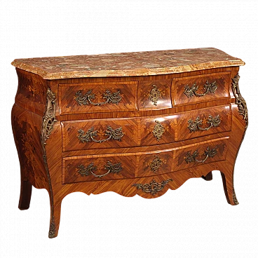 Inlaid wood and marble chest of drawers in Louis XV style, 1960s