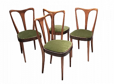 4 Wooden and green velvet chairs in the style of Ulrich, 1940s