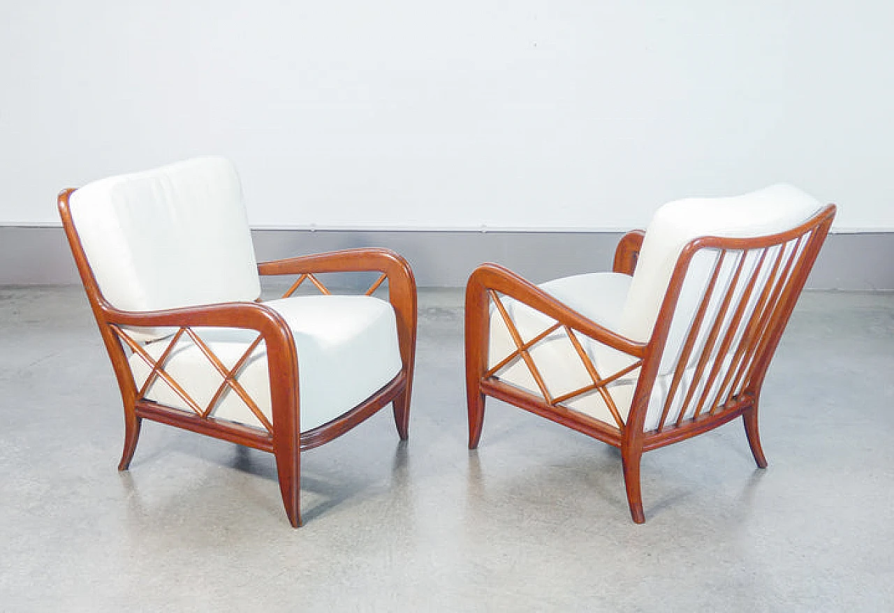 Pair of solid wood and linen armchairs by Paolo Buffa, 1940s 1