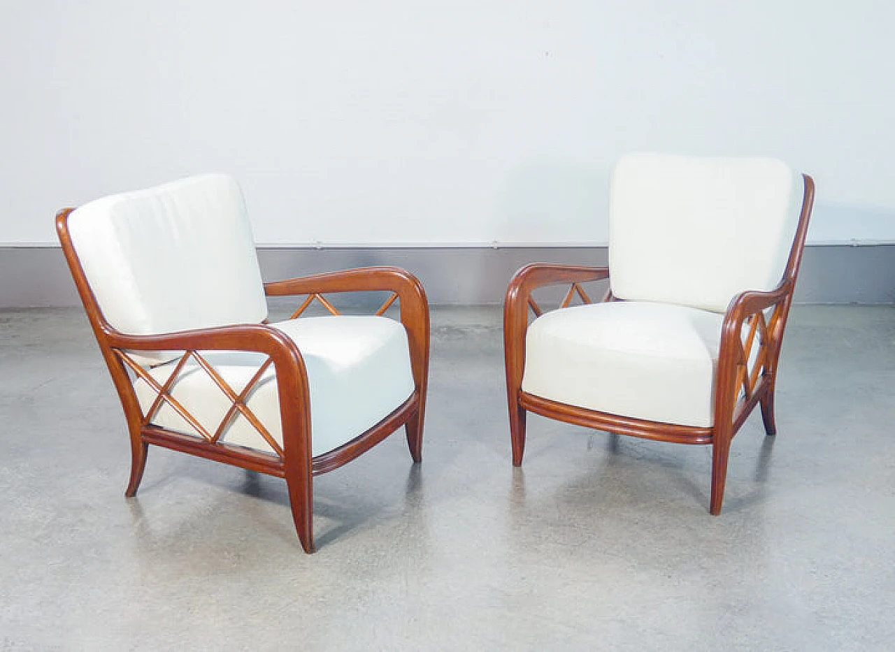 Pair of solid wood and linen armchairs by Paolo Buffa, 1940s 5