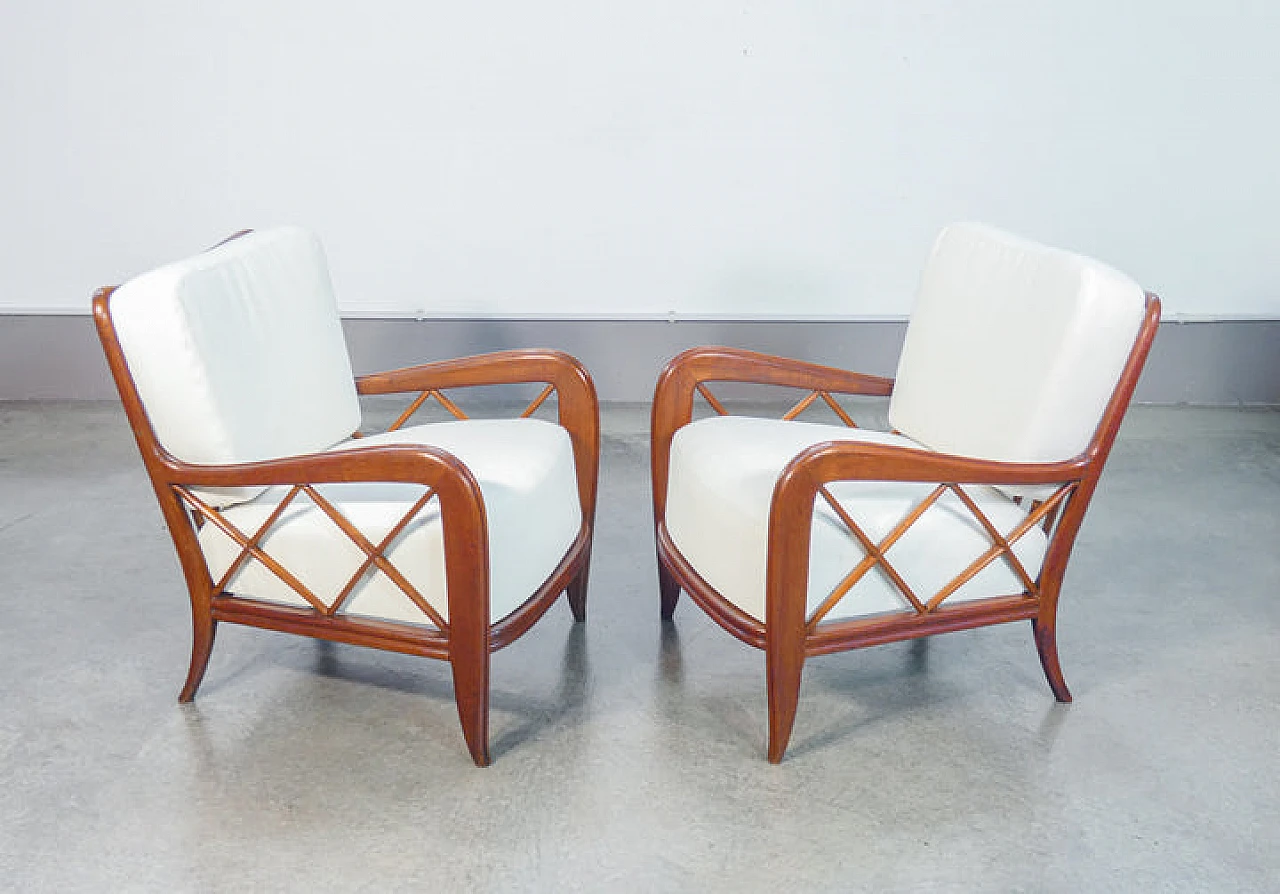 Pair of solid wood and linen armchairs by Paolo Buffa, 1940s 6