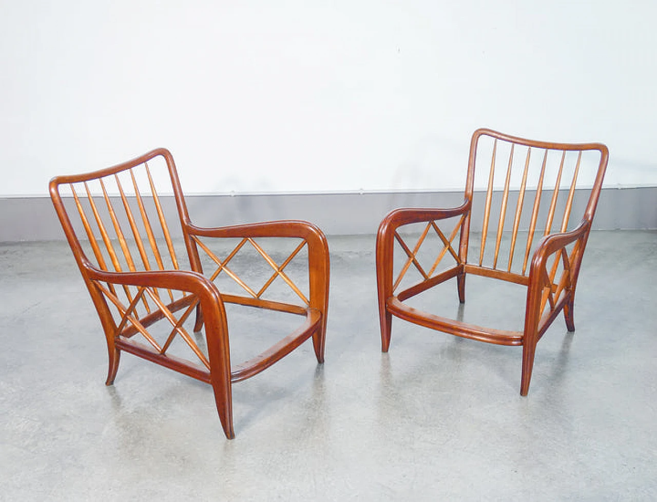 Pair of solid wood and linen armchairs by Paolo Buffa, 1940s 10