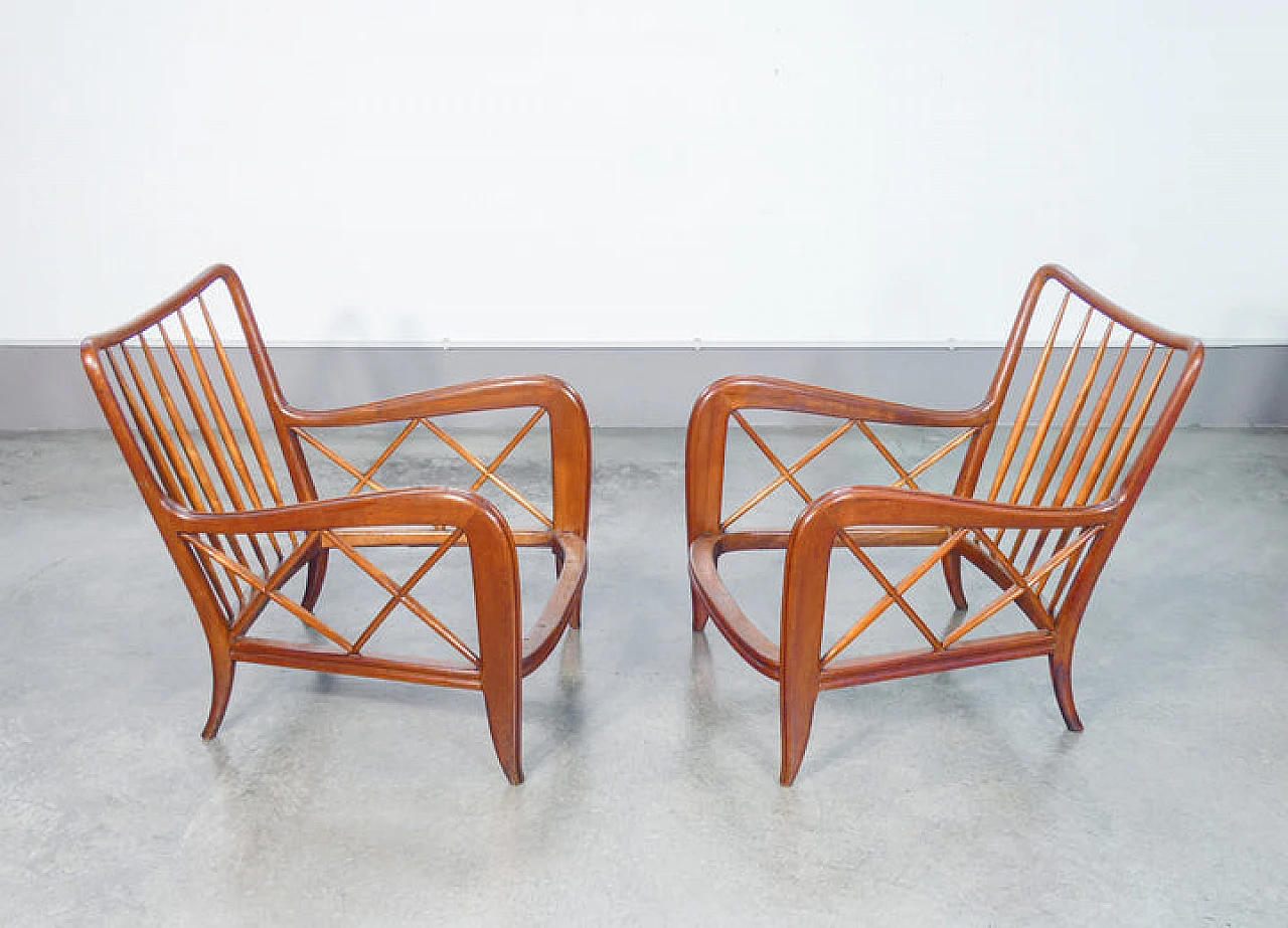 Pair of solid wood and linen armchairs by Paolo Buffa, 1940s 11