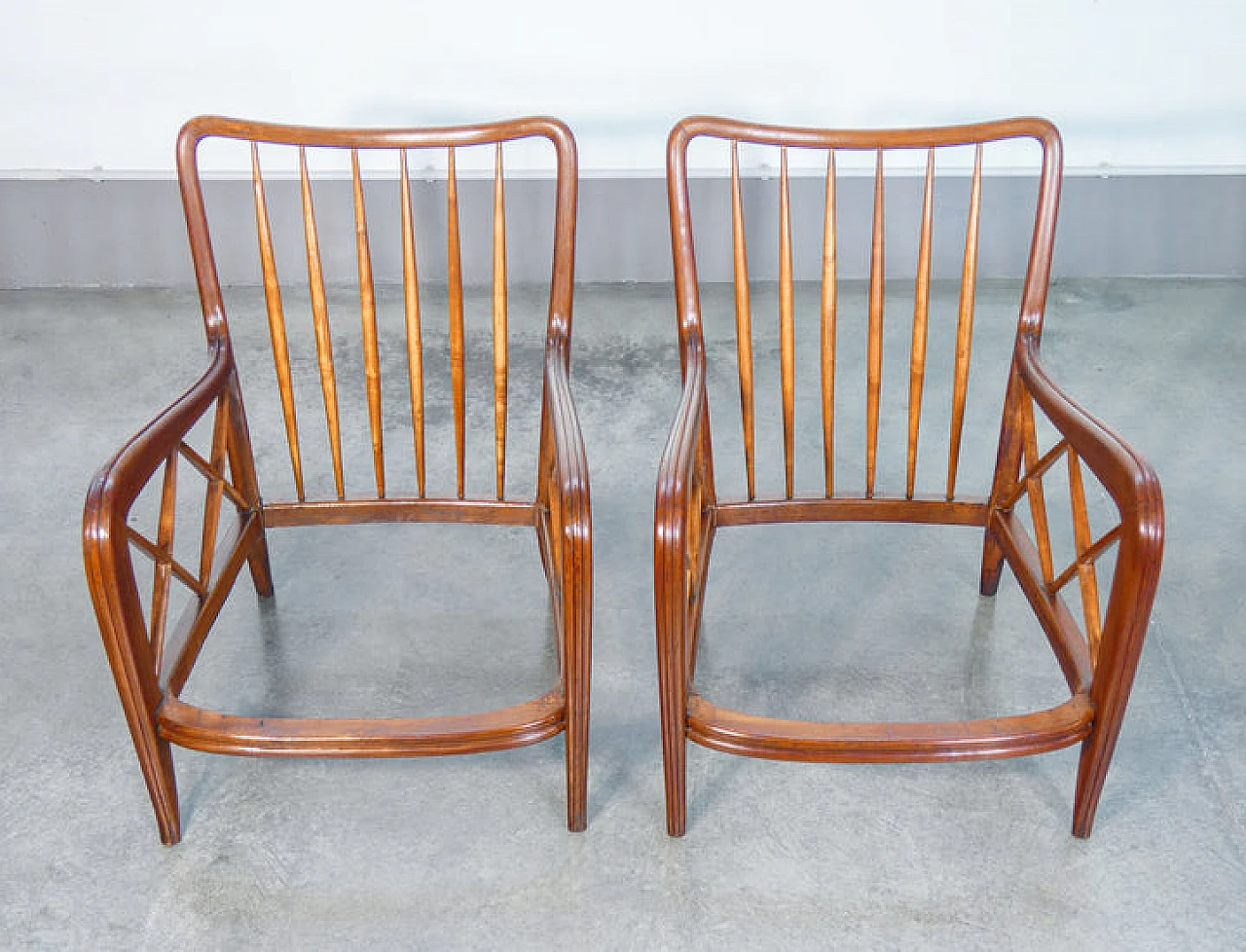 Pair of solid wood and linen armchairs by Paolo Buffa, 1940s 12
