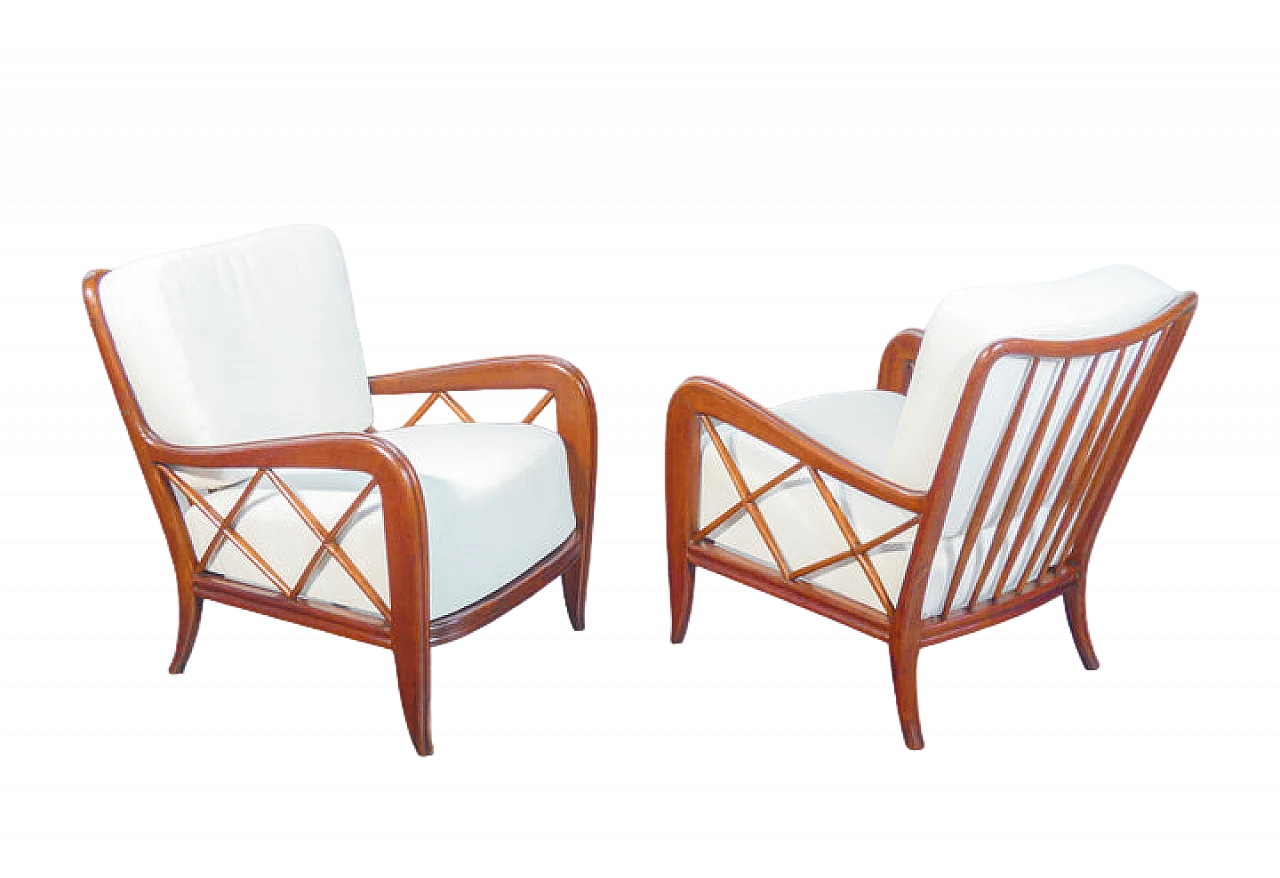Pair of solid wood and linen armchairs by Paolo Buffa, 1940s 13