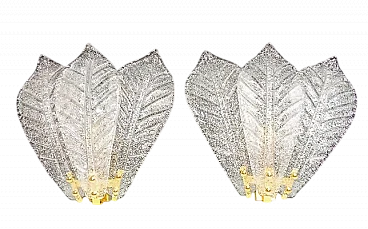 Coppia di applique con foglie in vetro di Murano, anni '80