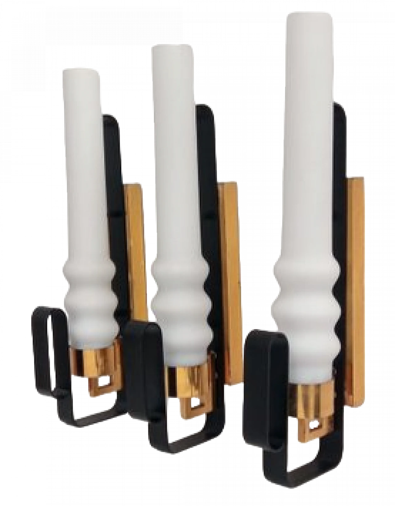 3 Applique in vetro opalino, metallo nero e ottone, anni '60 11