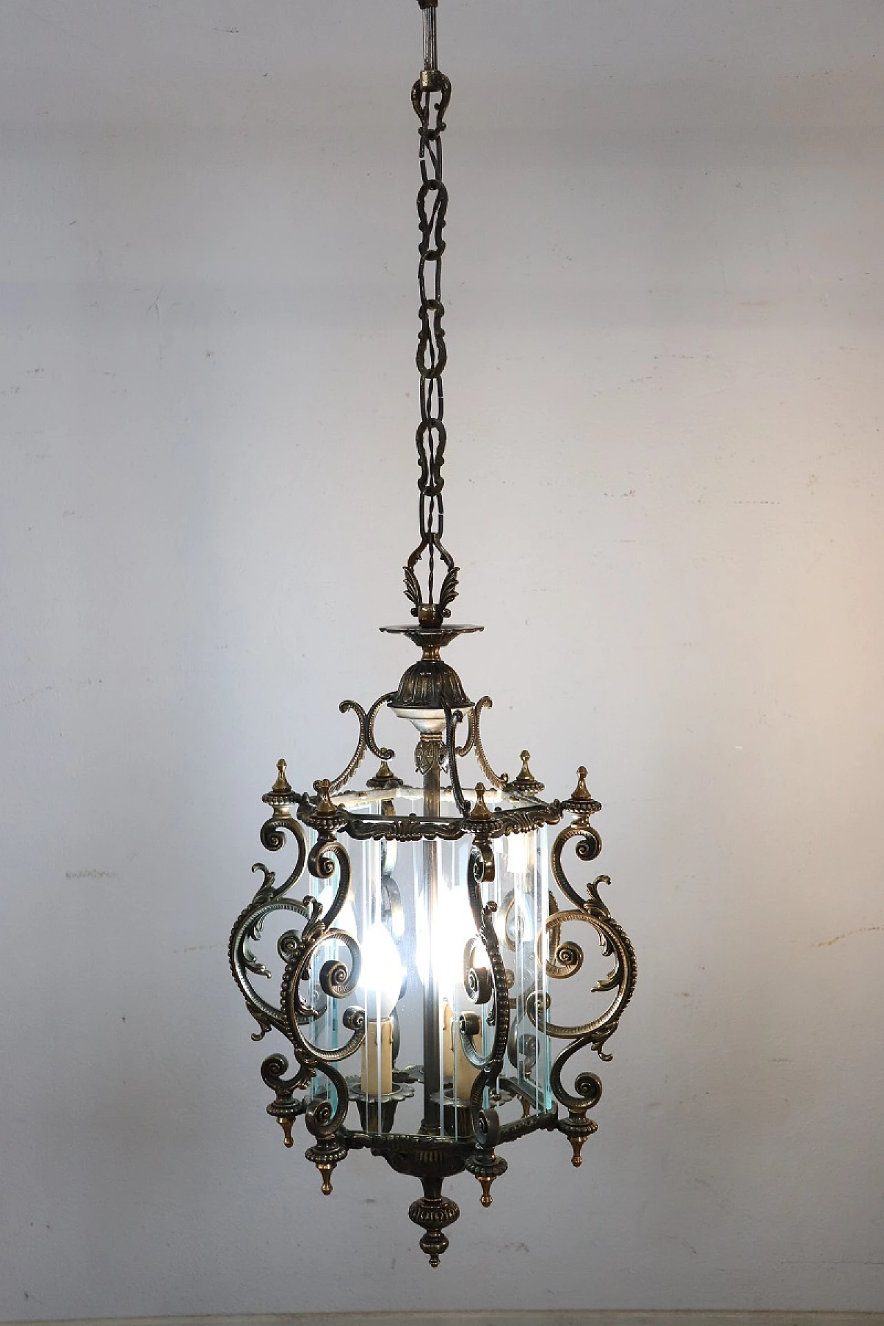 Glass and bronze ceiling lamp with decorations, 1980s 2