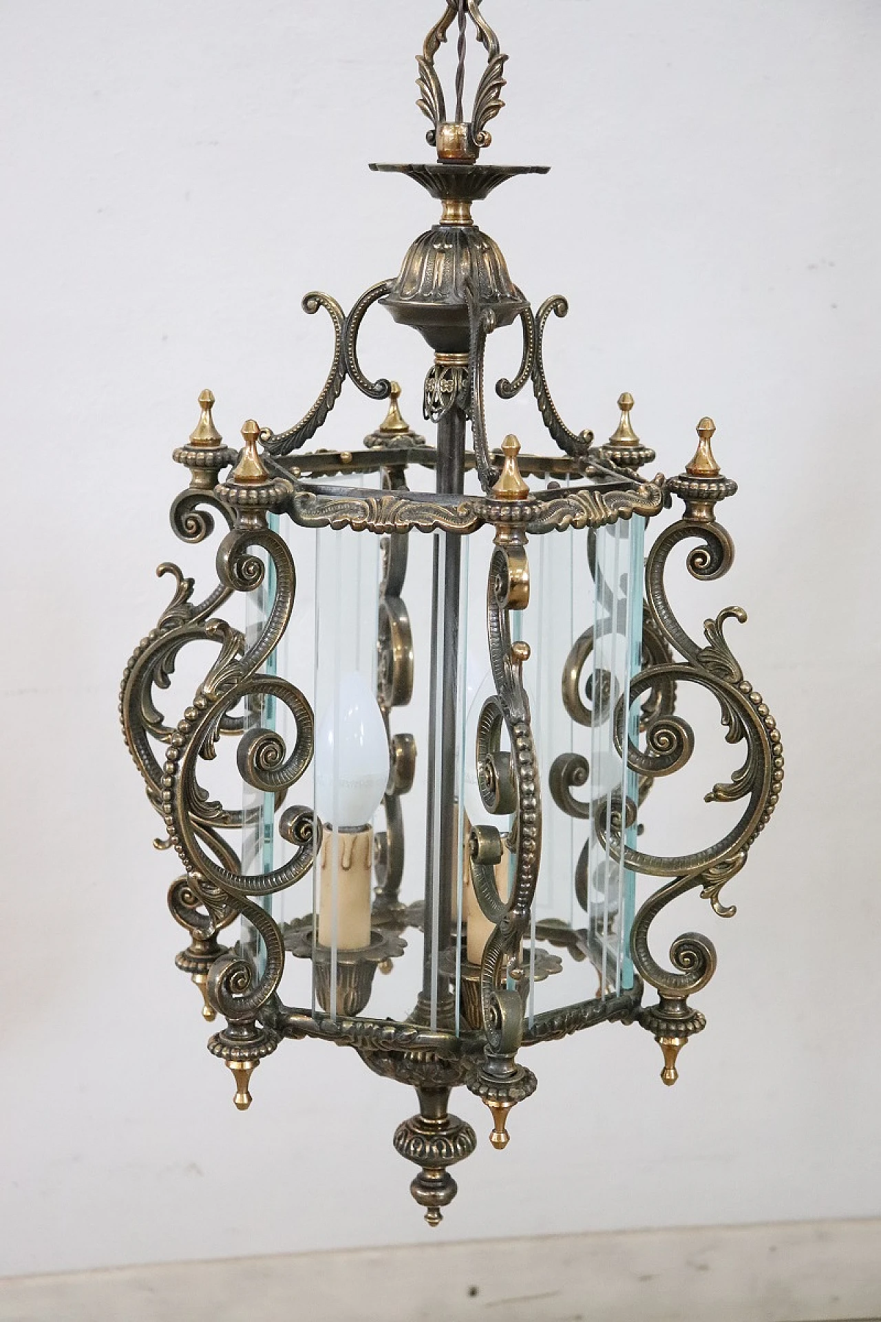 Glass and bronze ceiling lamp with decorations, 1980s 4