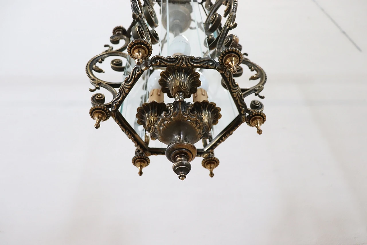 Lampada da soffitto in vetro e bronzo con decorazioni, anni '80 8