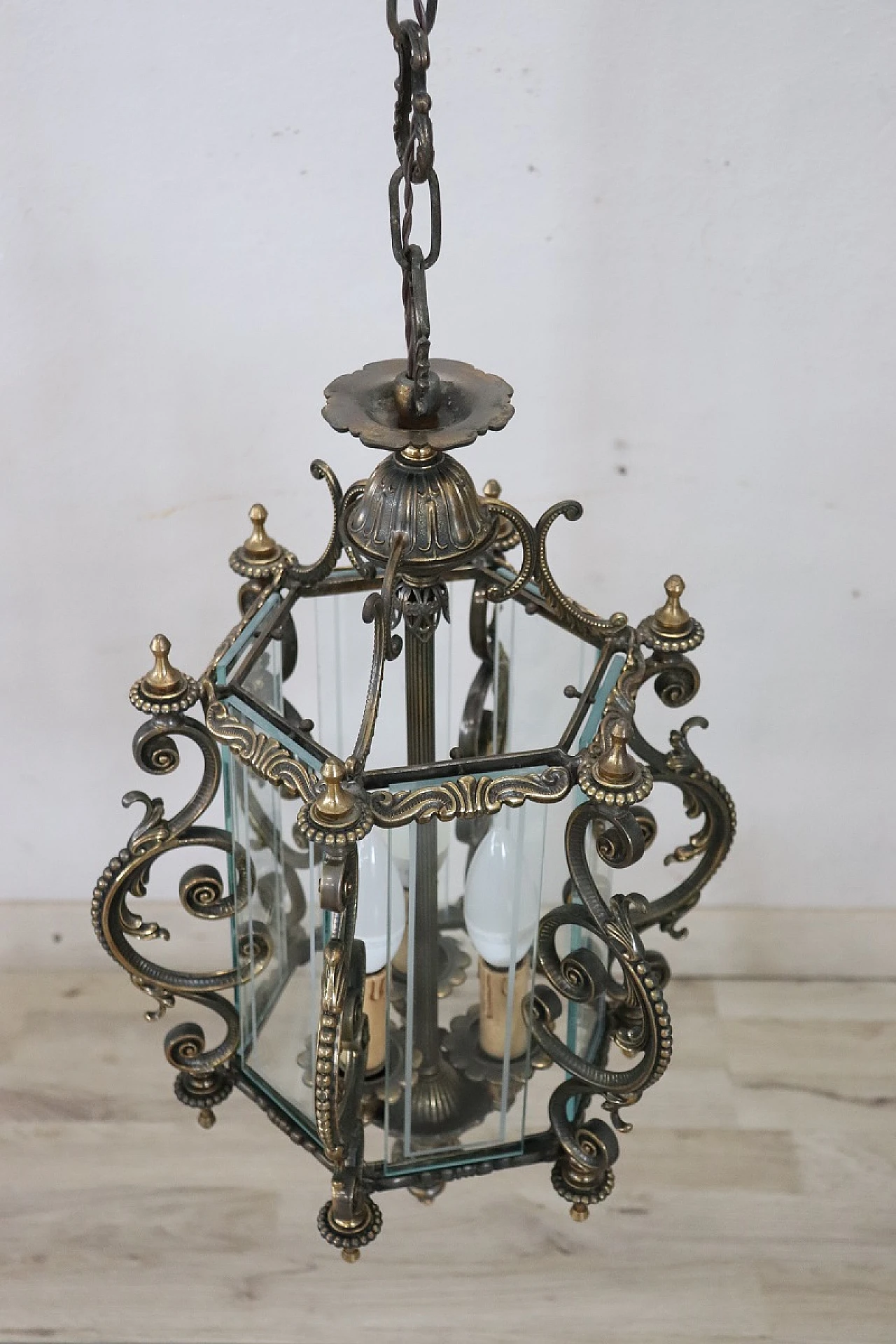 Glass and bronze ceiling lamp with decorations, 1980s 9