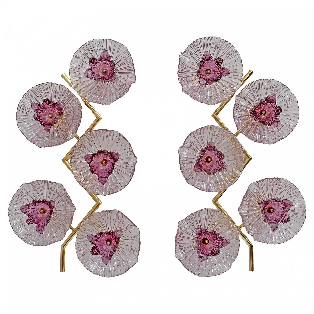Coppia di applique in vetro di Murano e ottone con fiori, anni '90 1