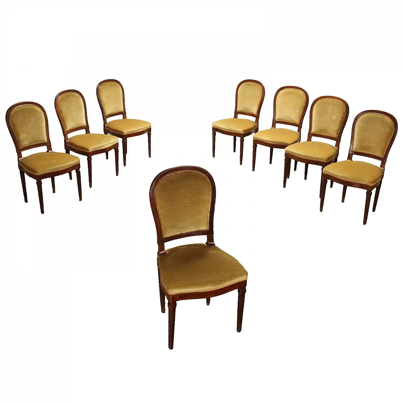 8 Chairs veneered in mahogany, fabric and golden bronze feet 1