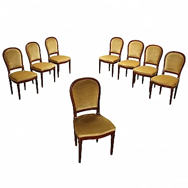 8 Chairs veneered in mahogany, fabric and golden bronze feet