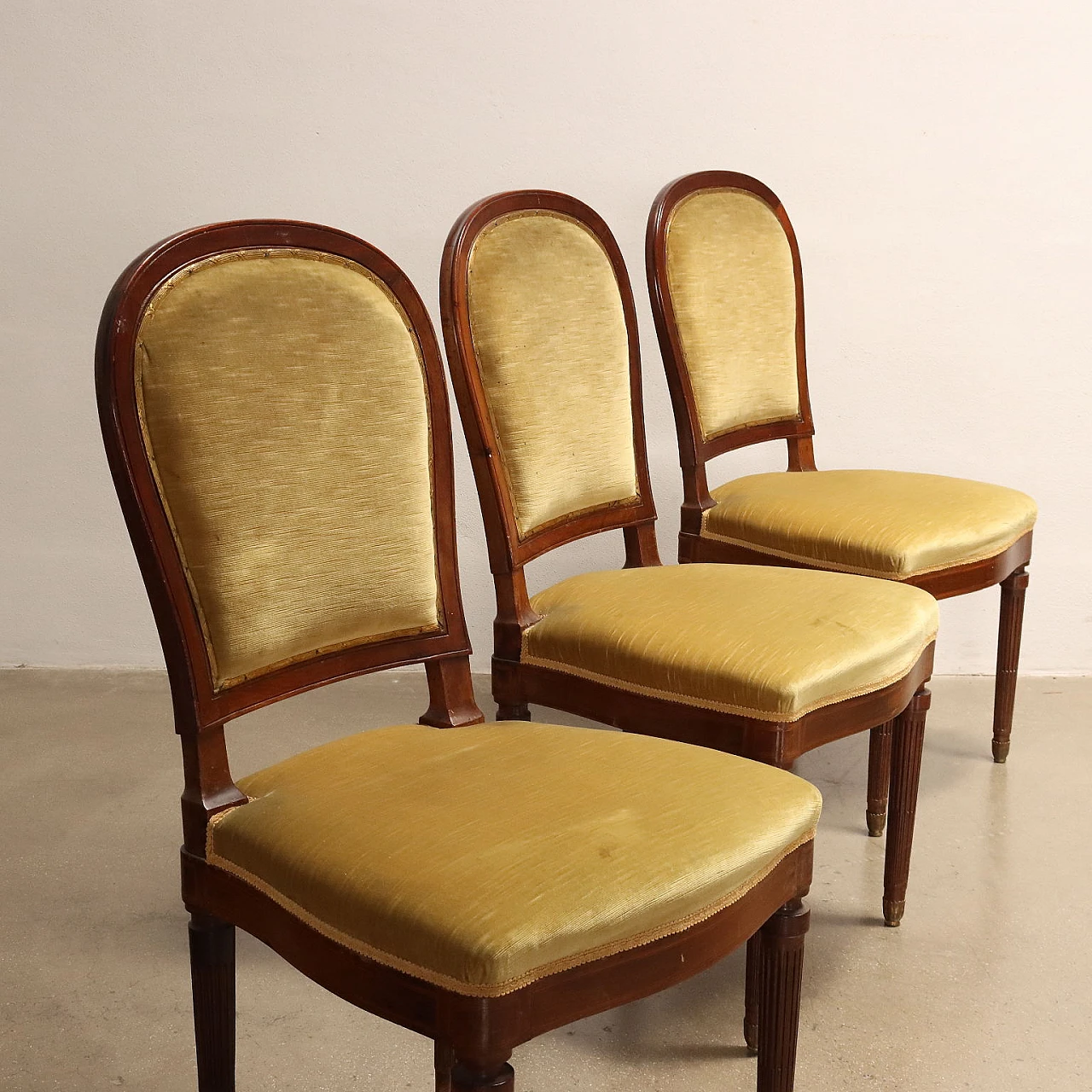 8 Chairs veneered in mahogany, fabric and golden bronze feet 3