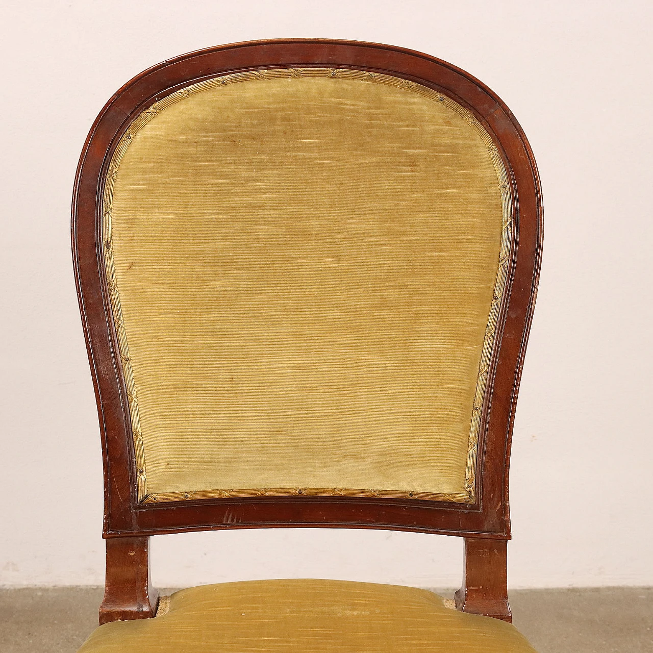 8 Chairs veneered in mahogany, fabric and golden bronze feet 4