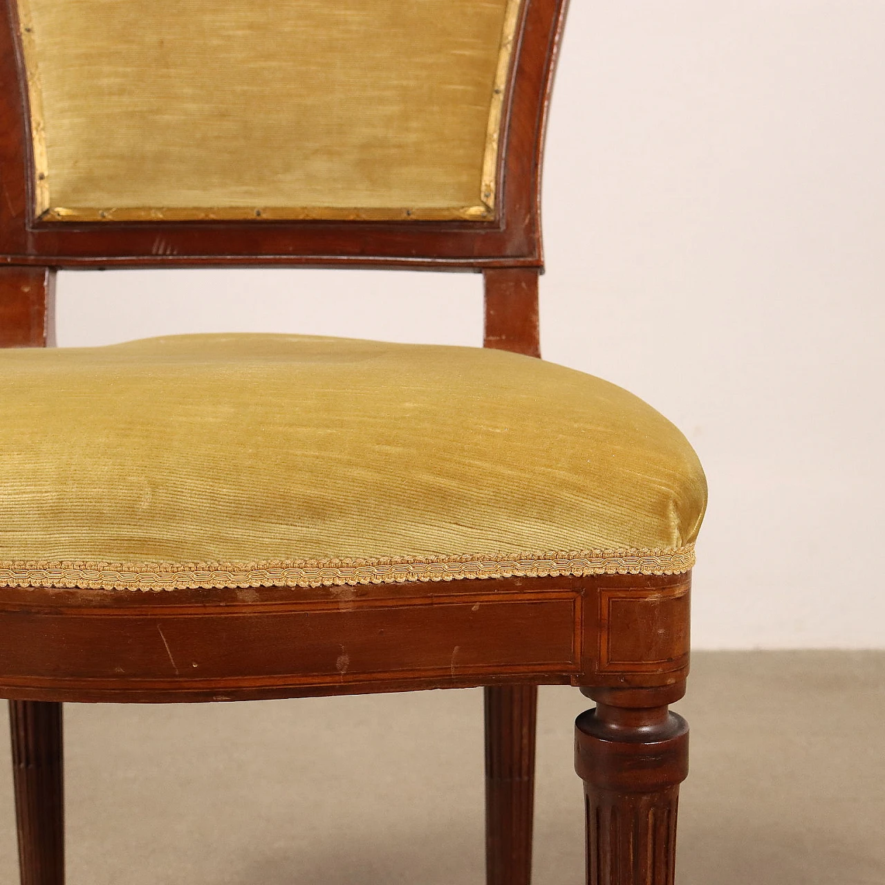 8 Chairs veneered in mahogany, fabric and golden bronze feet 5