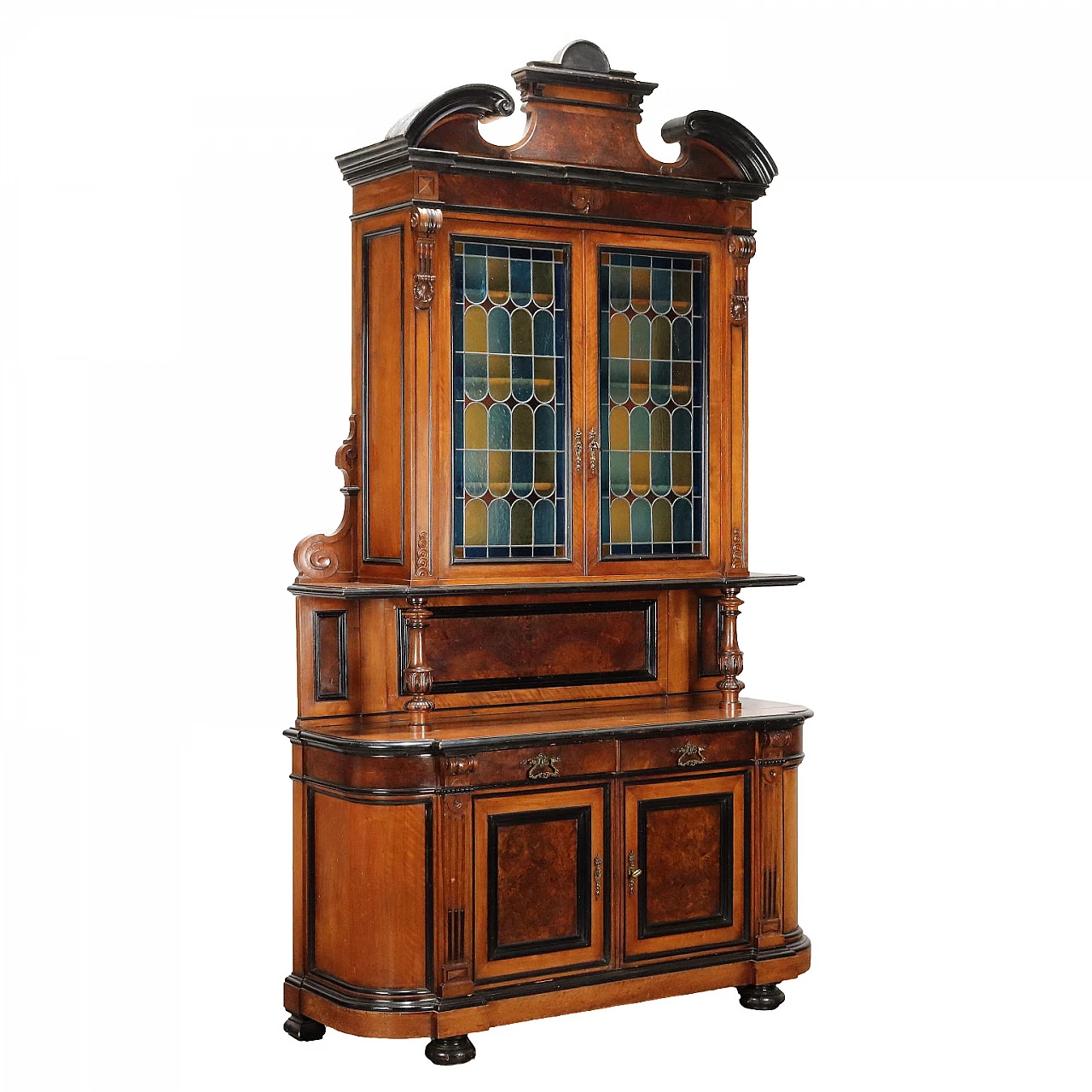 Walnut cabinet with leaded glass doors and turnet feet, 19th century 1