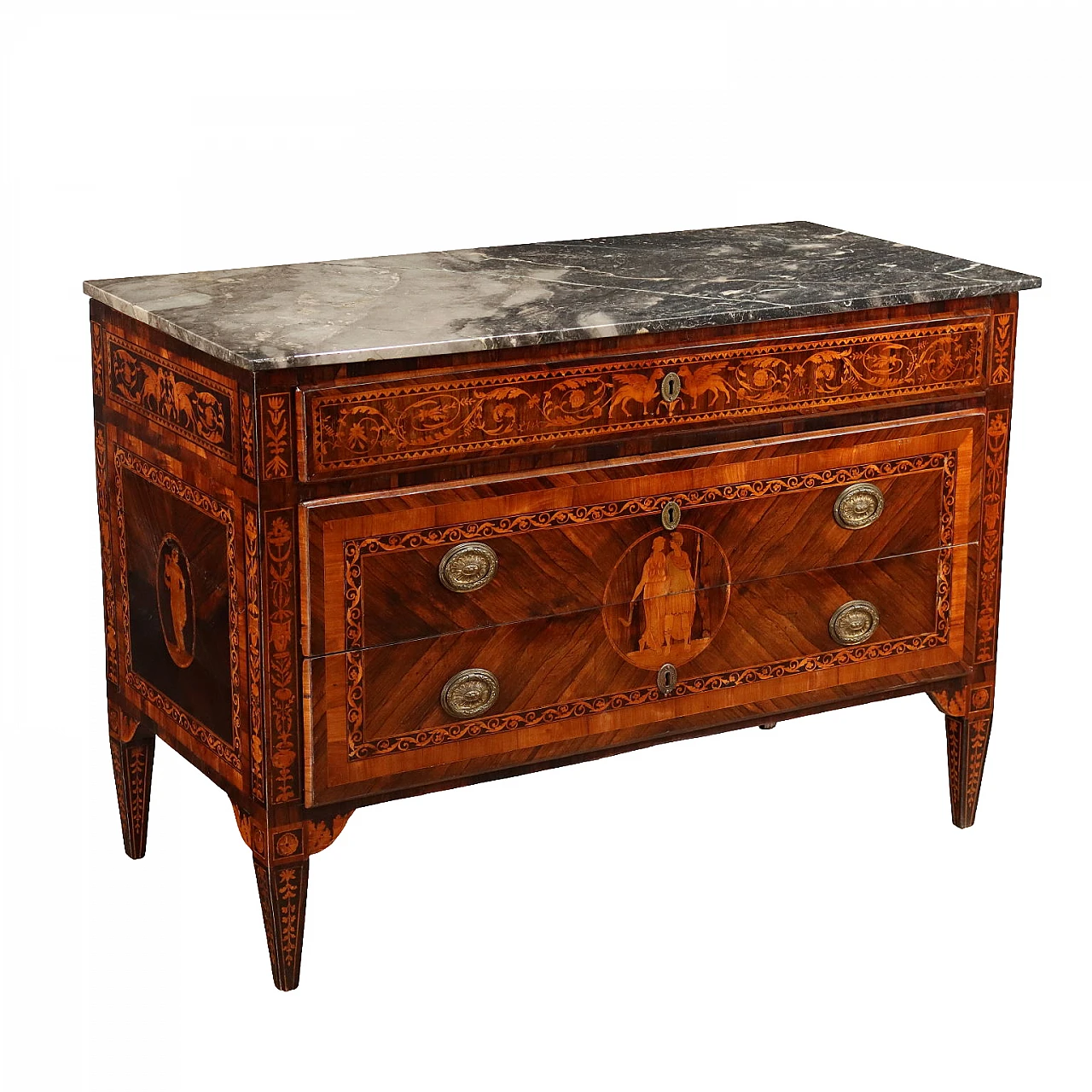 Louis XVI chest of drawers in inlaid wood with marble top, late 18th century 1