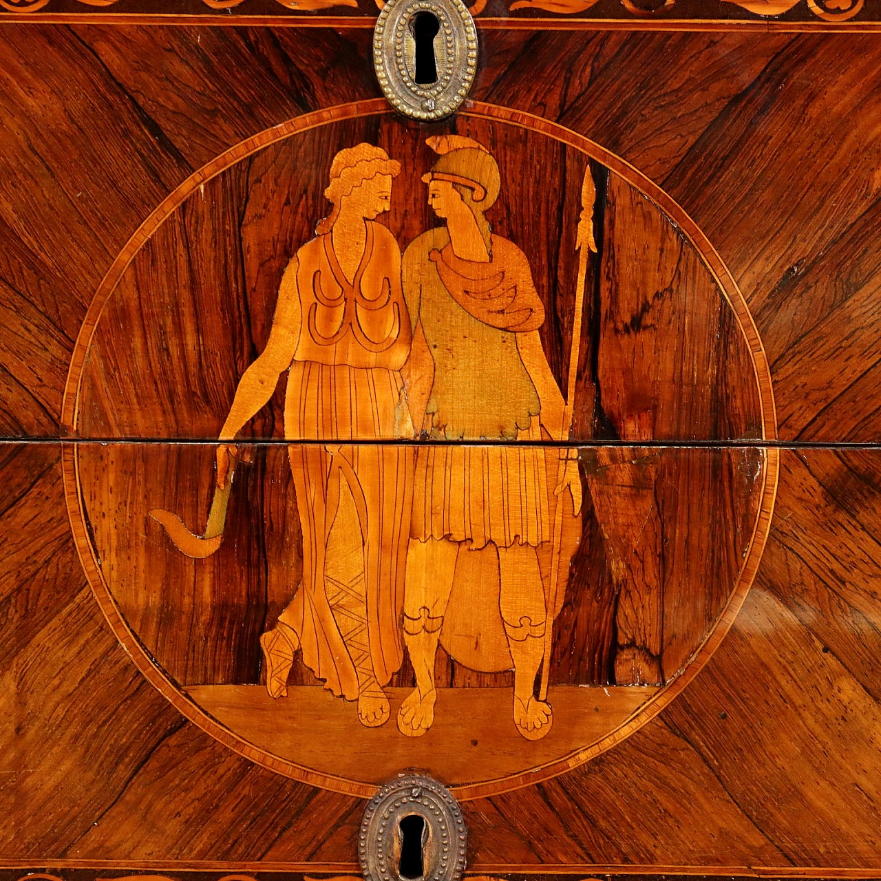Cassettone Luigi XVI in legno intarsiato con piano in marmo, ultimo quarto '700 8