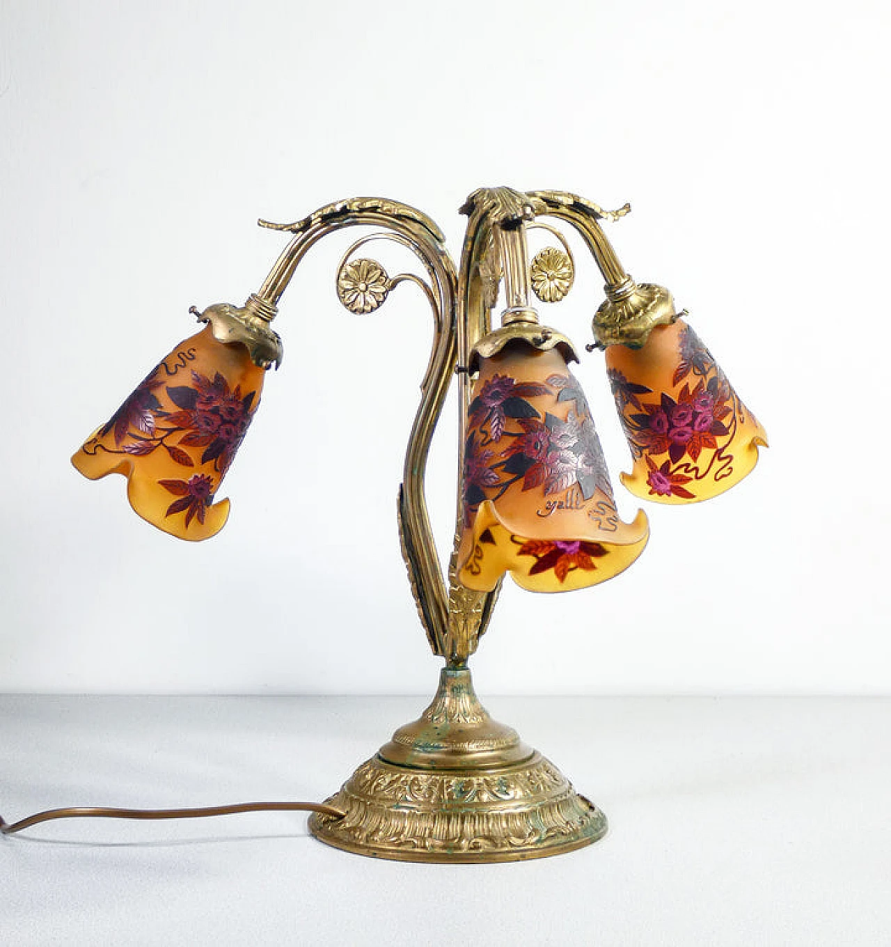 Metal and glass table lamp in the style of Émile Gallé 4