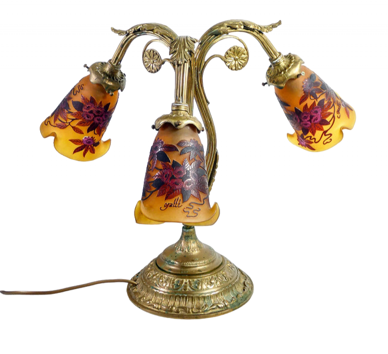 Metal and glass table lamp in the style of Émile Gallé 13