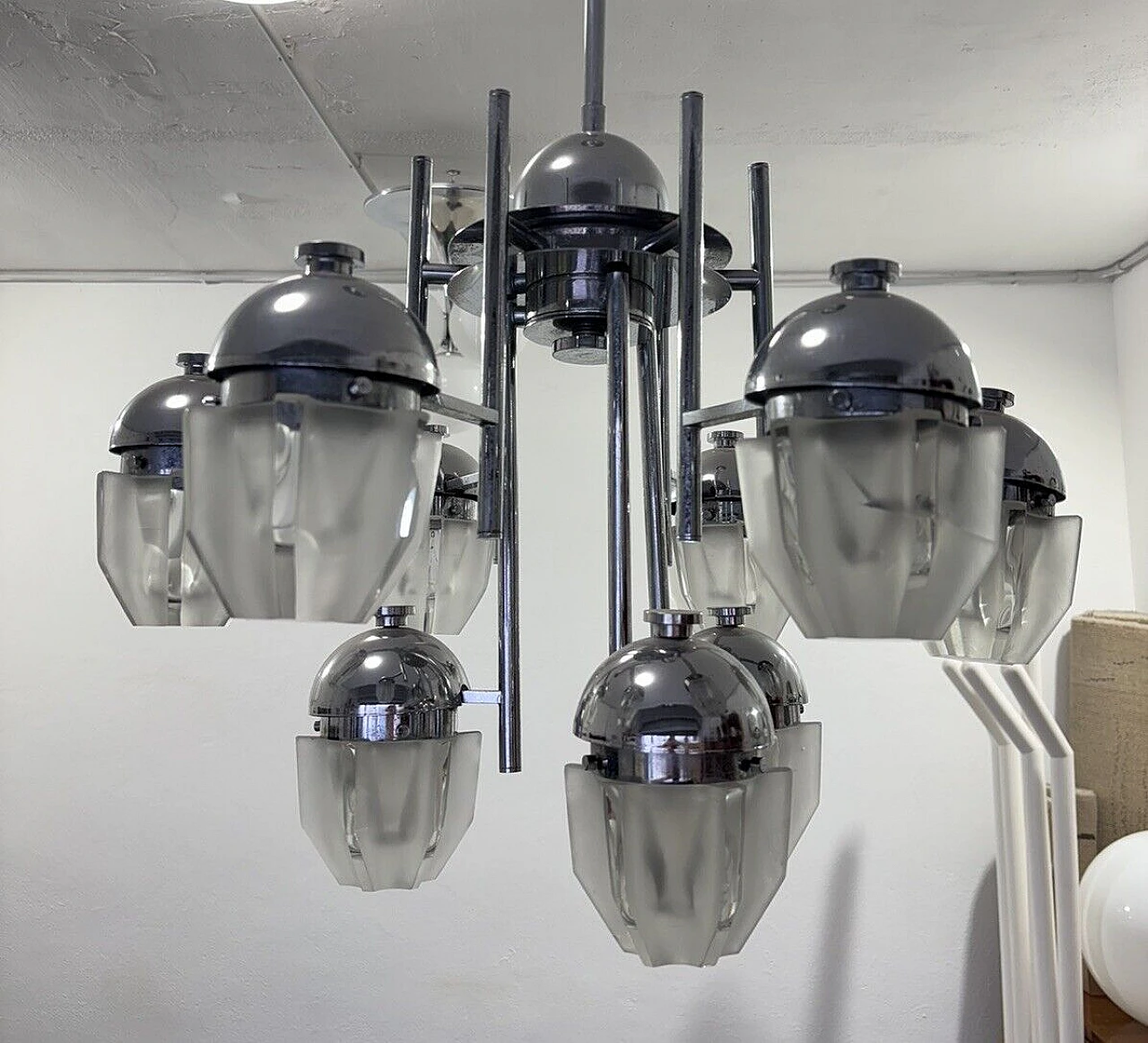 Lampadario in acciaio e vetro di Fidenza Vetraria e Artemide 1