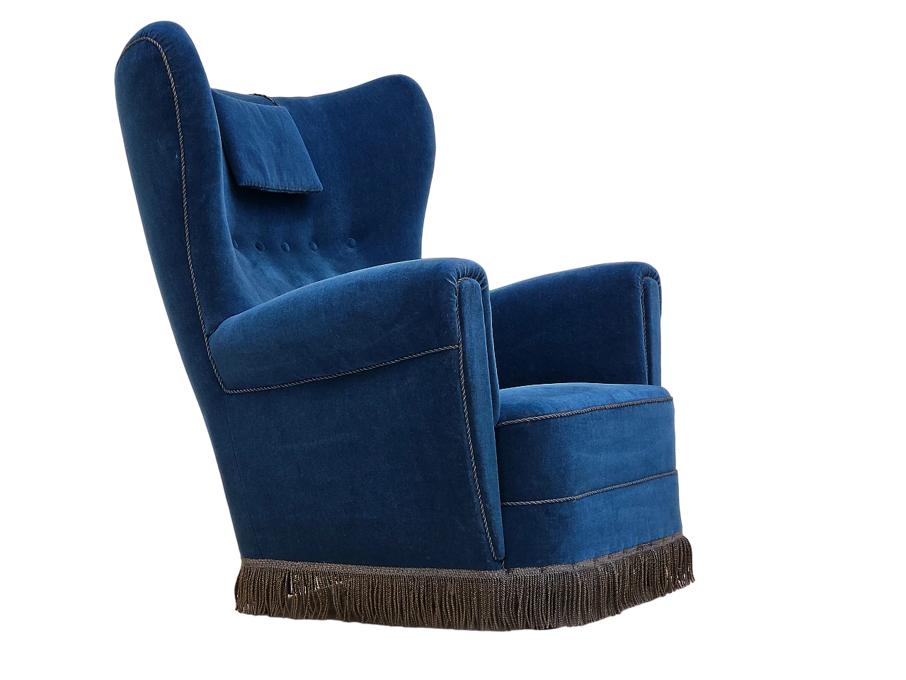 Danish blue velvet armchair with beechwood legs, 1960s 18