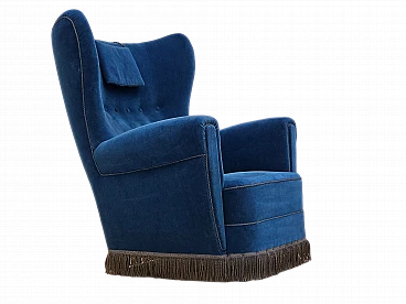Danish blue velvet armchair with beechwood legs, 1960s