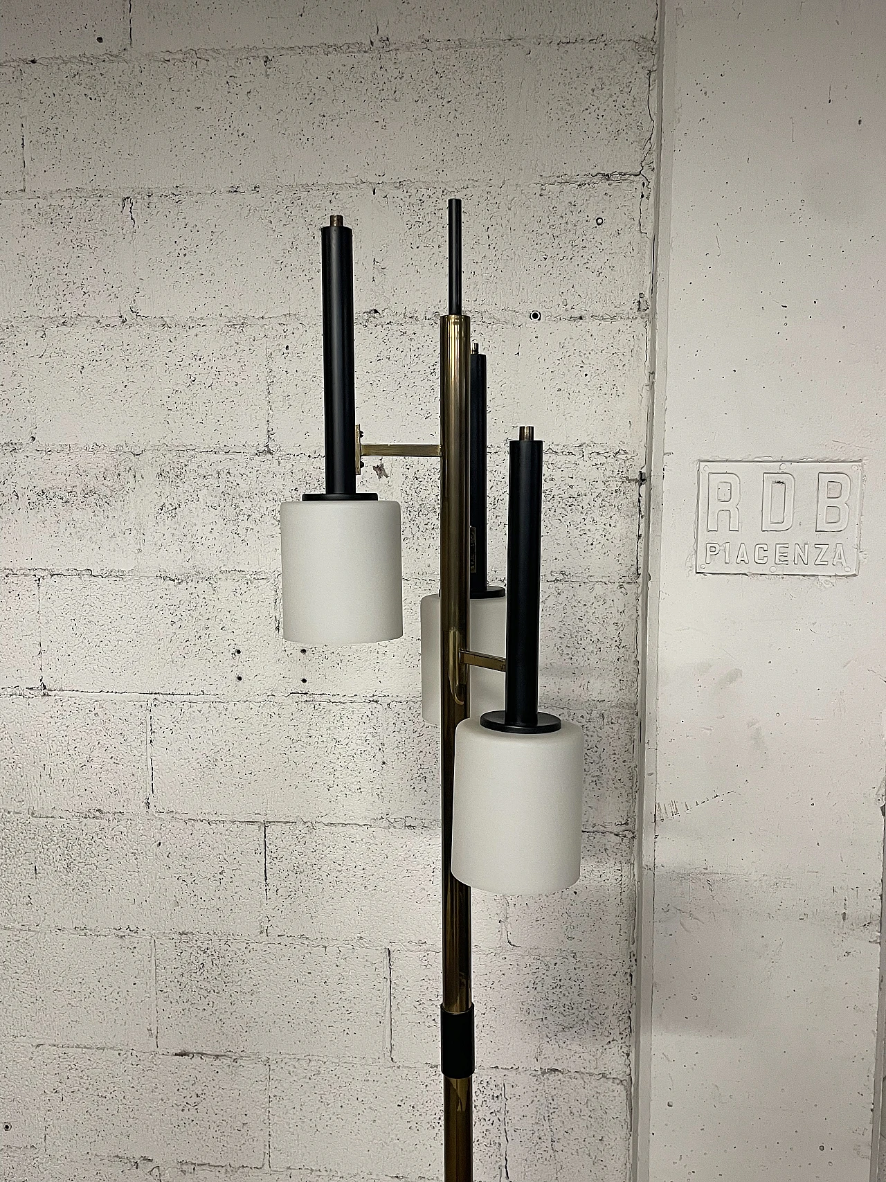 Metal, opaline glass and marble floor lamp, 1950s 5